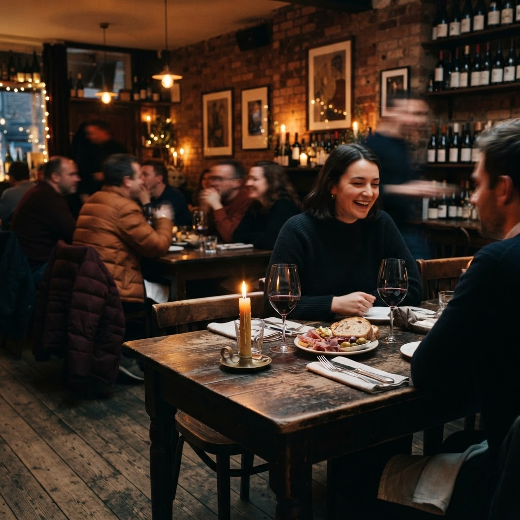 The dining room at Redhead Brother Bistro at dusk